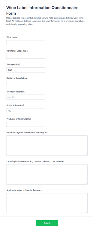 Wine Label Information Questionnaire Form Template