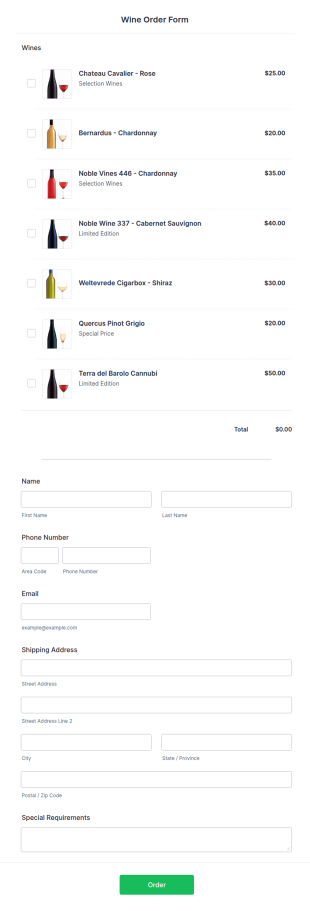 Wine Order Form Template