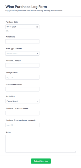 Wine Purchase Log Form Template