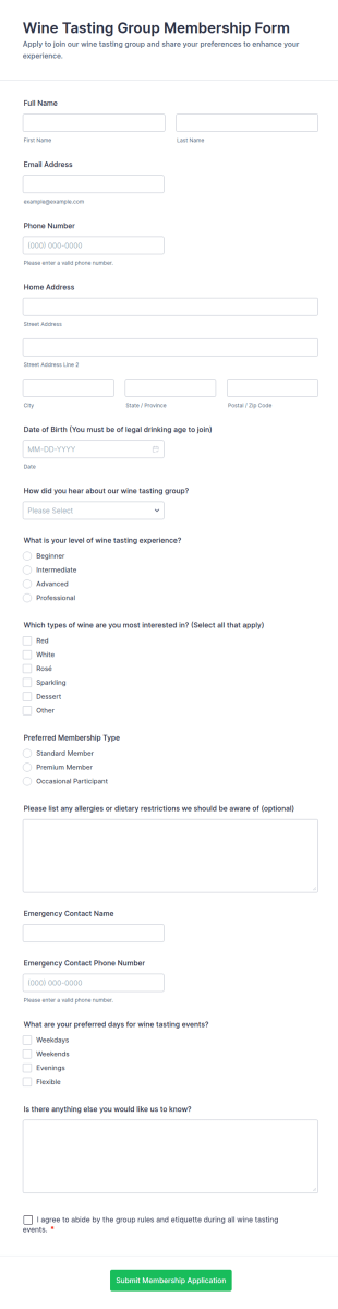 Wine Tasting Group Membership Form Template