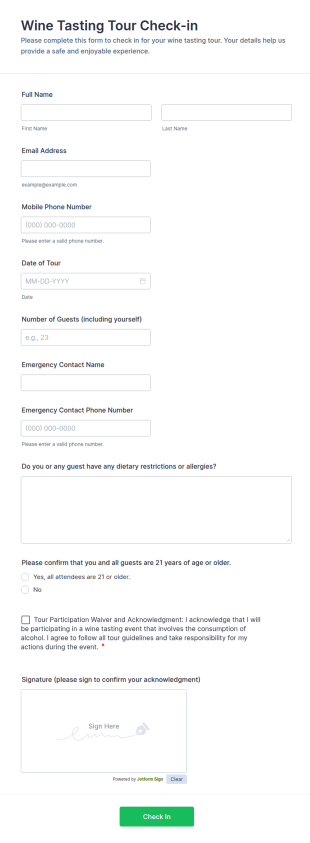 Wine Tasting Tour Check In Form Template