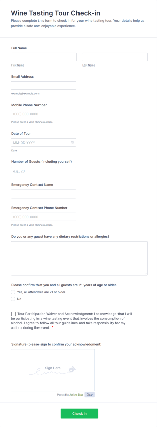 Wine Tasting Tour Check In Form Template