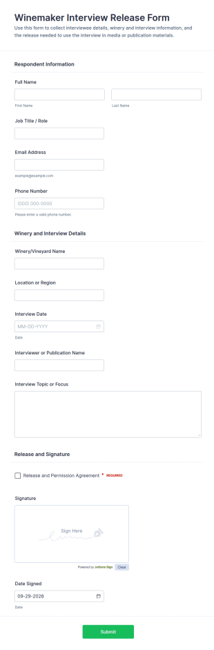 Winemaker Interview Release Form Template