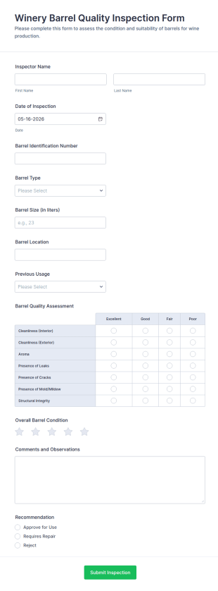 Winery Barrel Quality Inspection Form Template