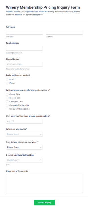 Winery Membership Pricing Inquiry Form Template