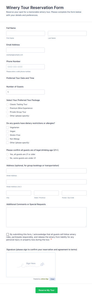 Winery Tour Reservation Form Template