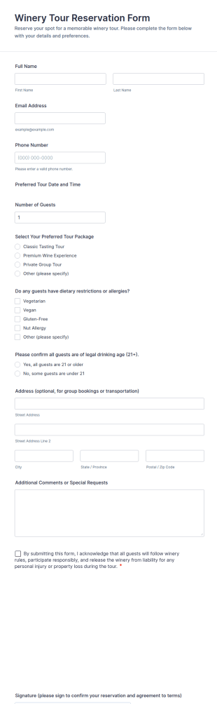 Winery Tour Reservation Form Template