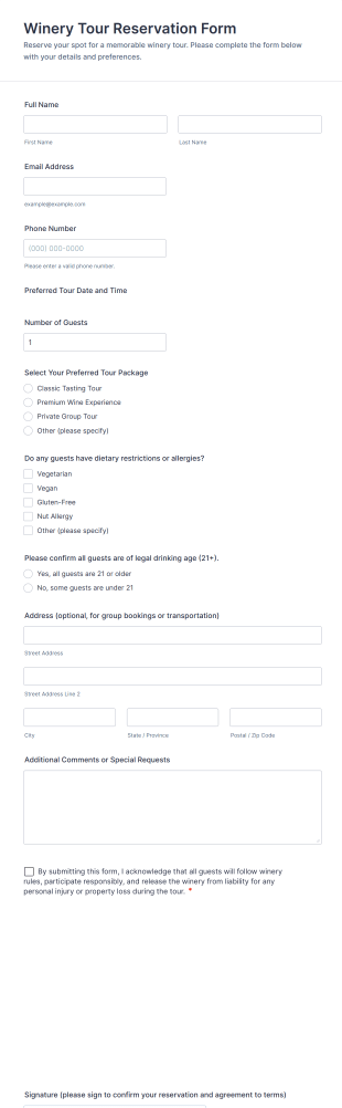Winery Tour Reservation Form Template