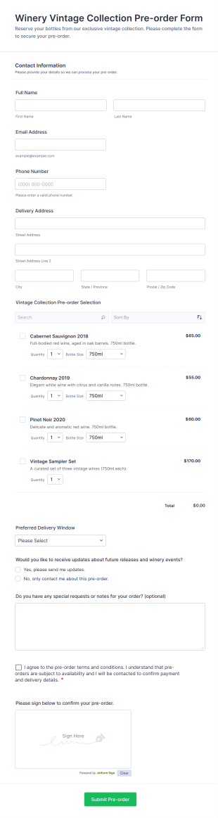 Winery Vintage Collection Pre Order Form Template