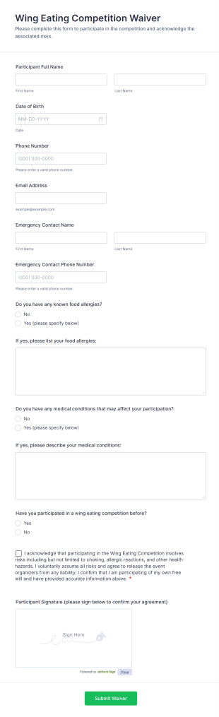 Wing Eating Competition Waiver Form Template