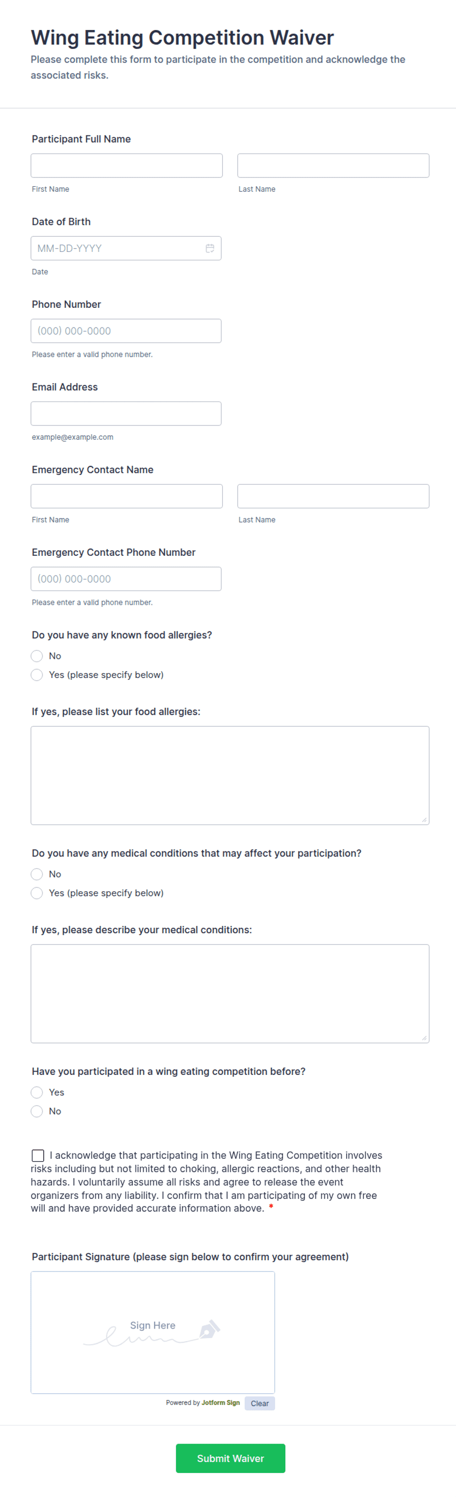 Wing Order Form Wing Eating Competition Waiver Form Template | Jotform