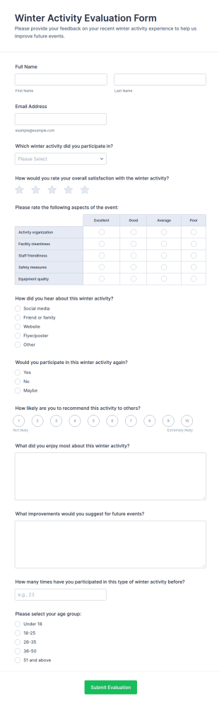 Winter Activity Evaluation Form Template