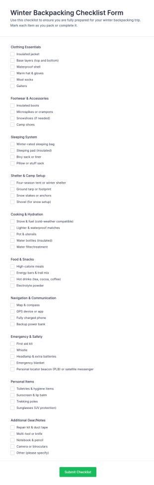 Winter Backpacking Checklist Form Template