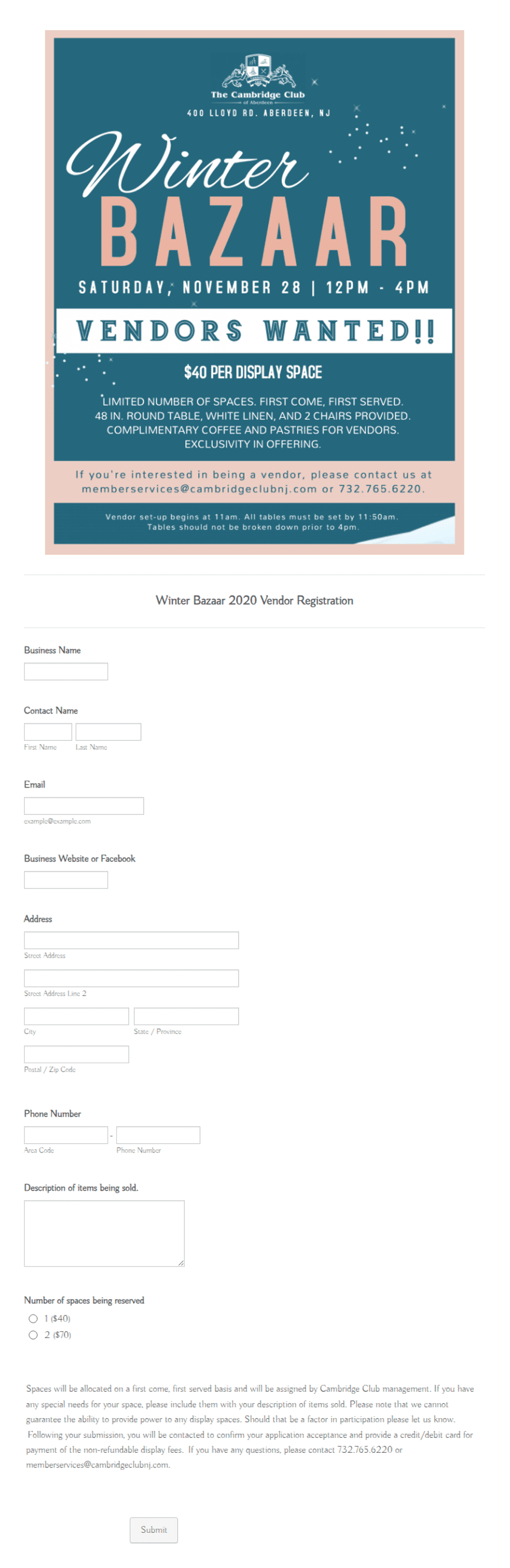 Winter Bazaar 2021 Vendor Registration Form Template | Jotform