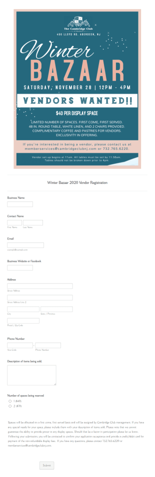Winter Bazaar Vendor Registration Form Template
