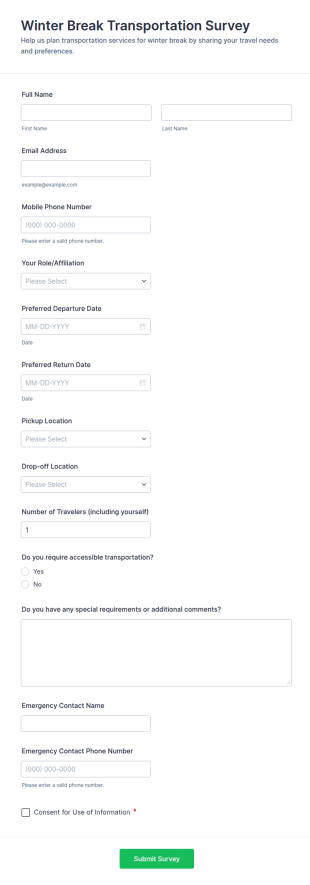 Winter Break Transportation Survey Form Template