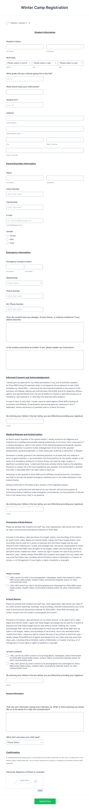Winter Camp Consent Form Template