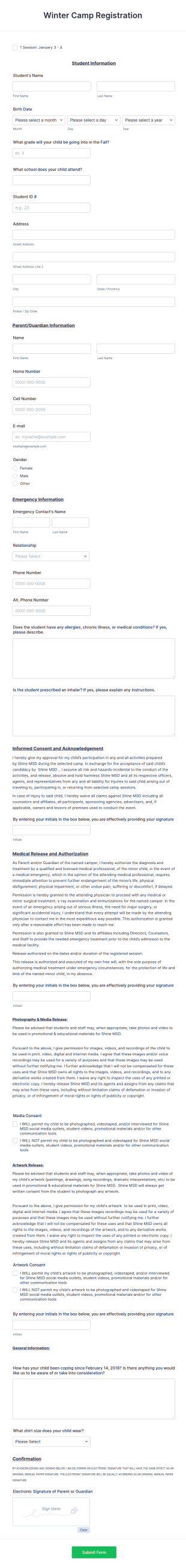 Winter Camp Consent Form Template