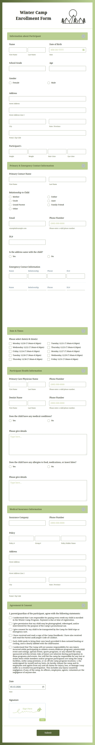 Winter Camp Enrollment Form Template