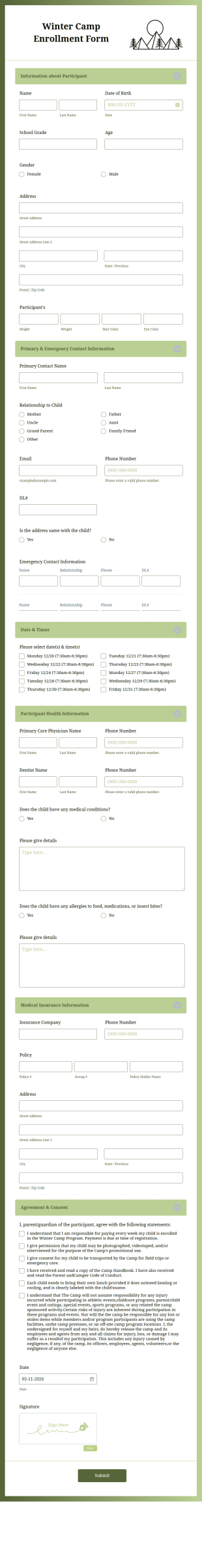 Winter Camp Enrollment Form Template
