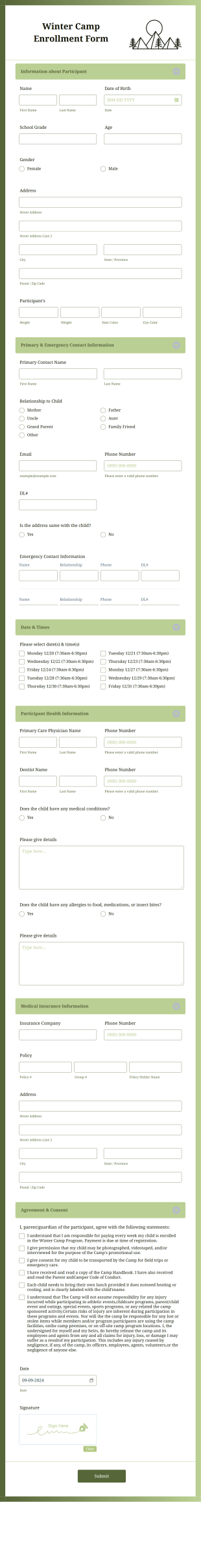 Winter Camp Enrollment Form Template