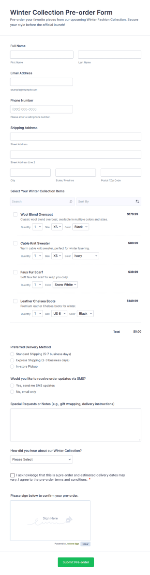 Winter Collection Pre Order Form Template