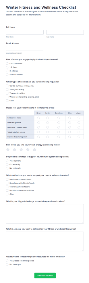 Winter Fitness And Wellness Checklist Form Template