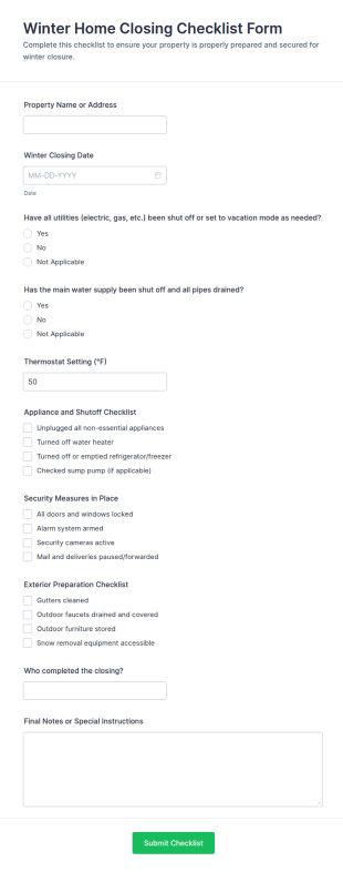 Winter Home Closing Checklist Form Template
