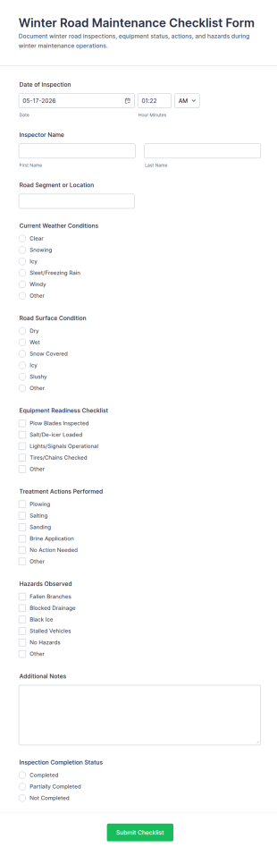 Winter Road Maintenance Checklist Form Template