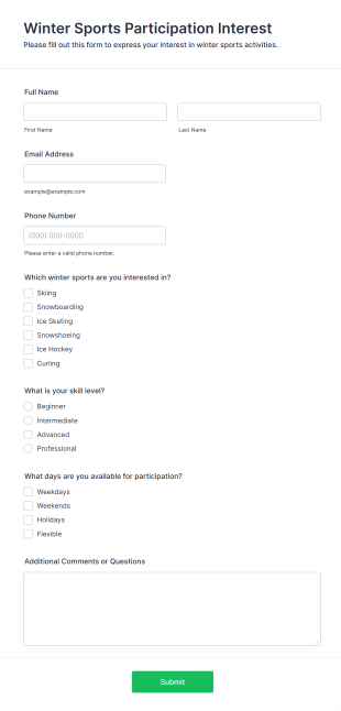 Winter Sports Participation Interest Form Template
