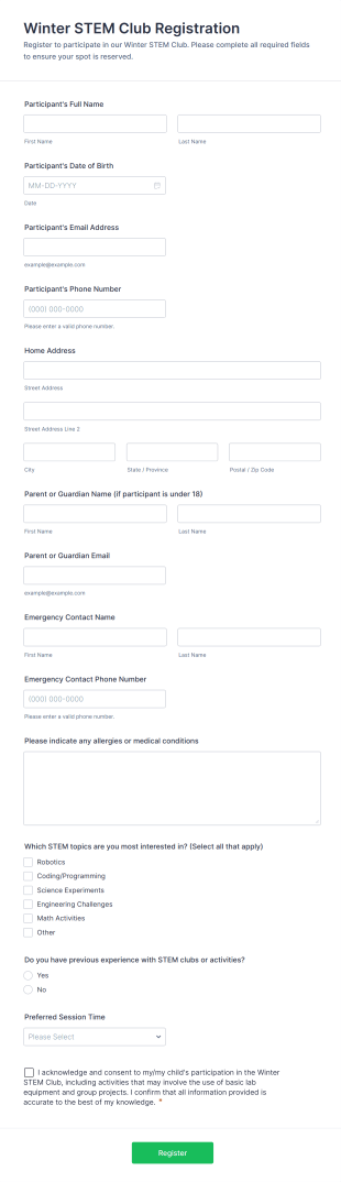 Winter STEM Club Registration Form Template