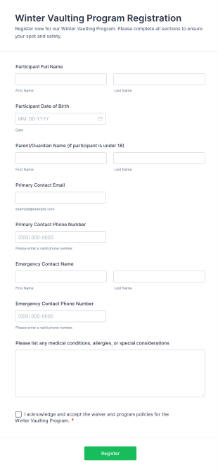 Winter Vaulting Program Registration Form Template