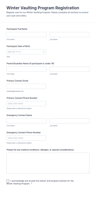 Winter Vaulting Program Registration Form Template