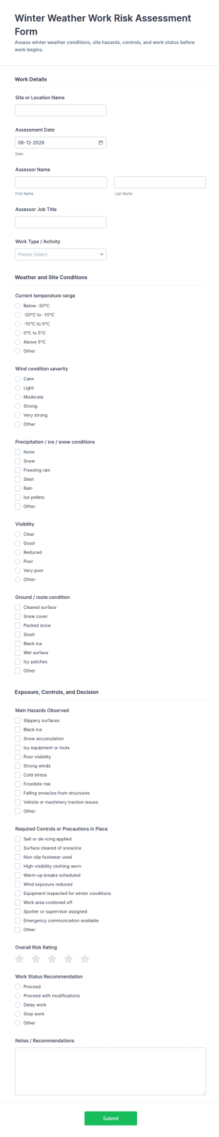 Winter Weather Work Risk Assessment Form Template
