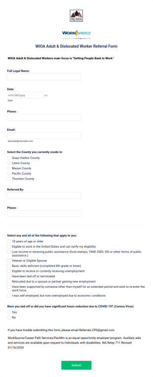Adult And Dislocated Worker Referral Form Template