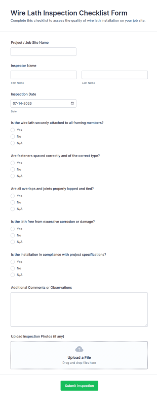 Wire Lath Inspection Form Template