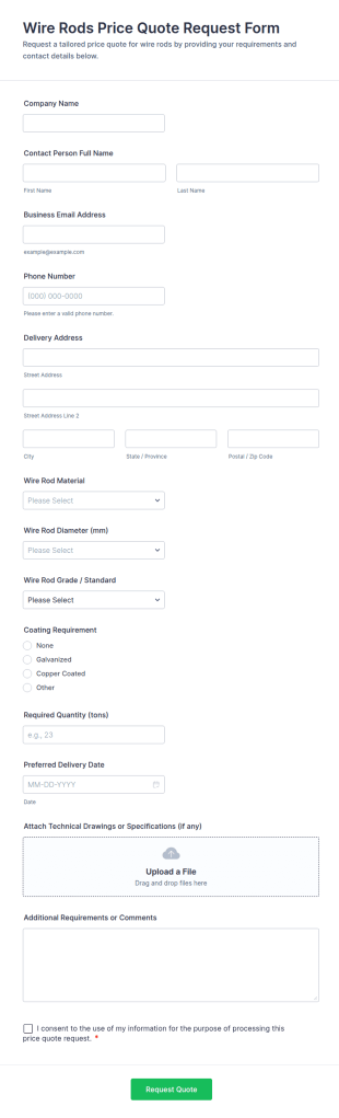 Wire Rods Price Quote Request Form Template