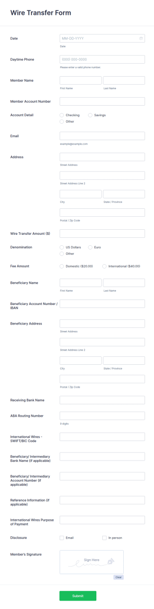 Wire Transfer Form Template