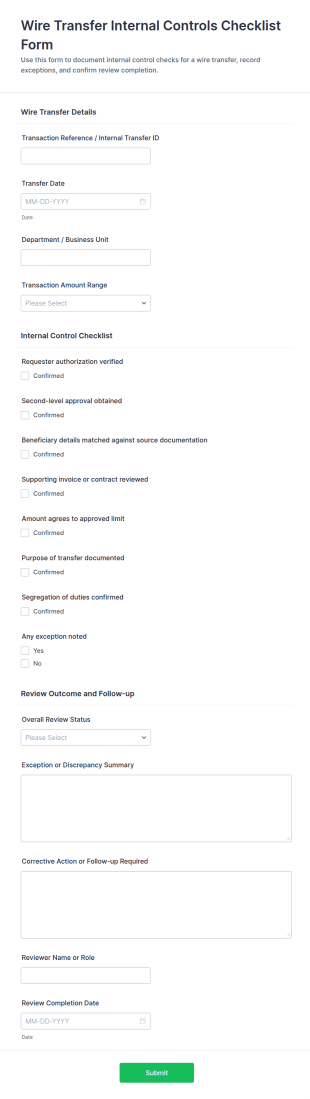 Wire Transfer Internal Controls Checklist Form Template