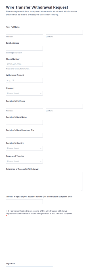 Wire Transfer Withdrawal Request Form Template