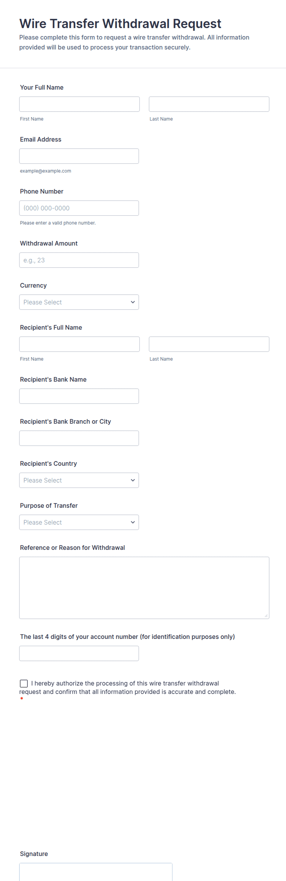 Wire Request Form Template.pdf Wire Transfer Withdrawal Request Form Template | Jotform