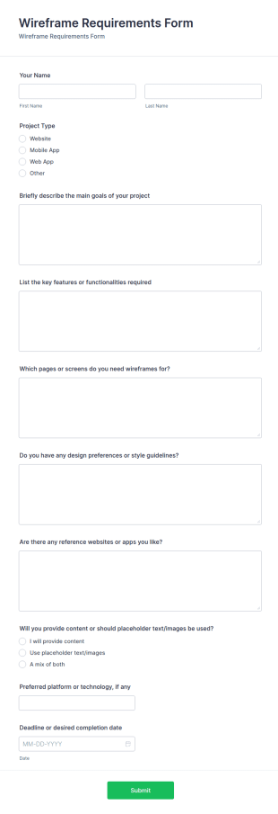 Wireframe Requirements Form Template