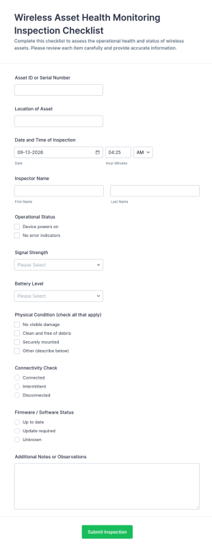 Wireless Asset Health Monitoring Inspection Checklist Form Template