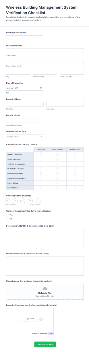 Wireless Building Management System Verification Checklist Form Template