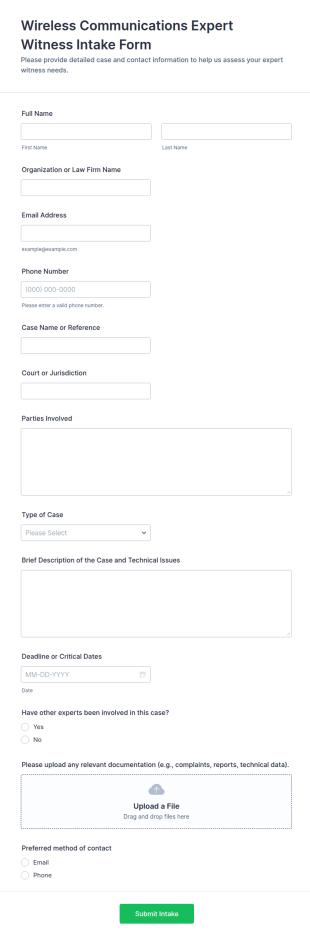 Wireless Communications Expert Witness Intake Form Template