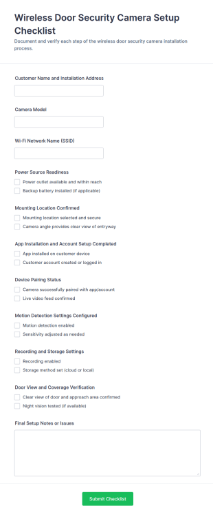 Wireless Door Security Camera Setup Checklist Form Template