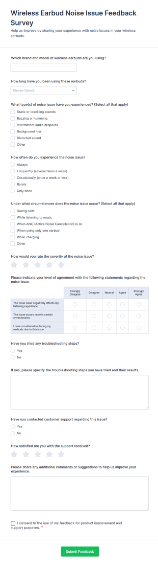 Wireless Earbud Noise Issue Feedback Survey Form Template