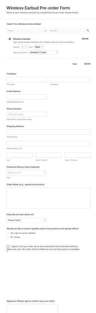 Wireless Earbud Pre Order Form Template