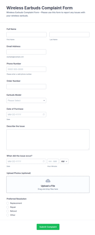 Wireless Earbuds Complaint Form Template