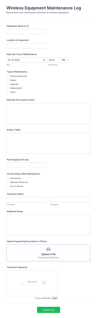 Wireless Equipment Maintenance Log Form Template